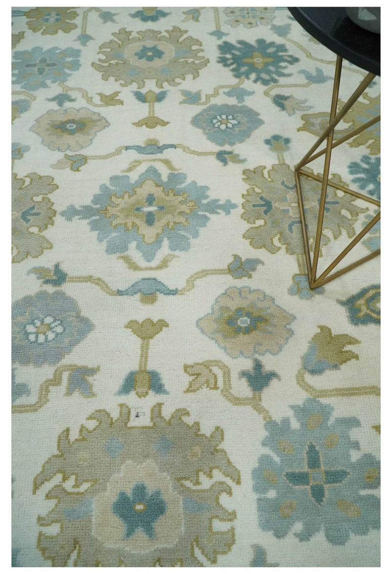 8x10 Ivory, Blue and Beige Floral Oushak Hand Knotted Wool Area Rug | TRDCP1538810S - The Rug Decor