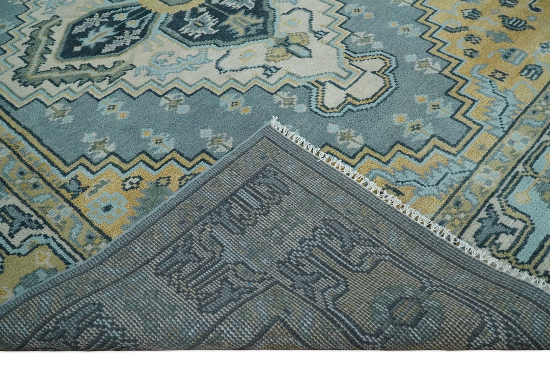 8x10 Ivory, Blue and Beige Heriz Serapi Traditional Persian Antique Hand Knotted Wool Area Rug | TRDCP1117810 - The Rug Decor