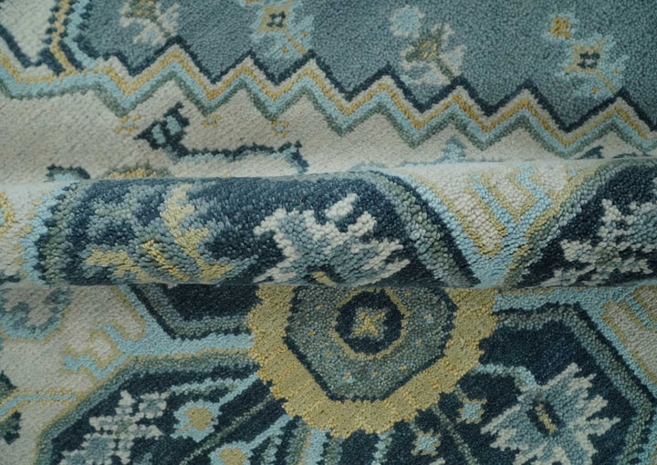8x10 Ivory, Blue and Beige Heriz Serapi Traditional Persian Antique Hand Knotted Wool Area Rug | TRDCP1117810 - The Rug Decor