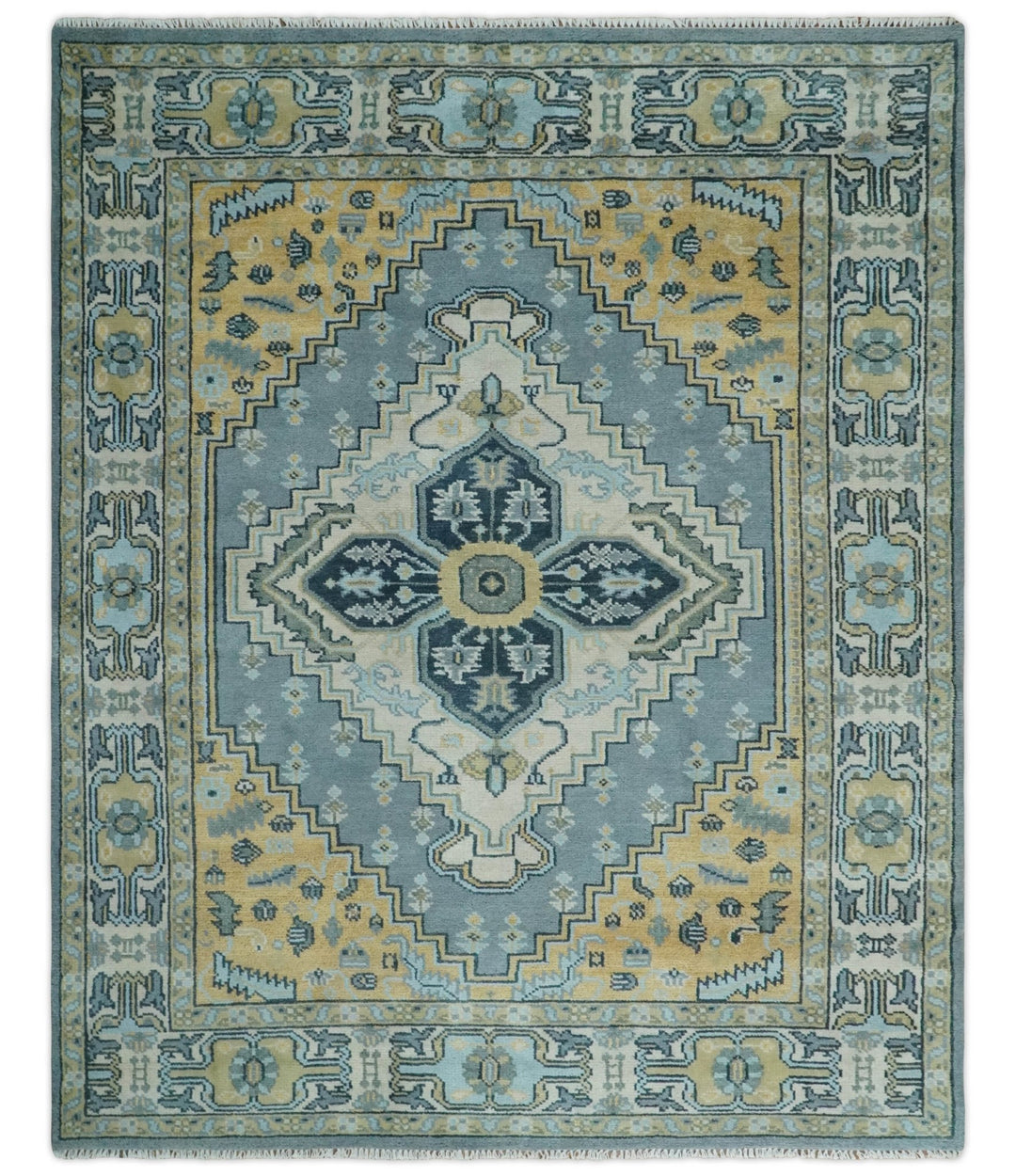 8x10 Ivory, Blue and Beige Heriz Serapi Traditional Persian Antique Hand Knotted Wool Area Rug | TRDCP1117810 - The Rug Decor