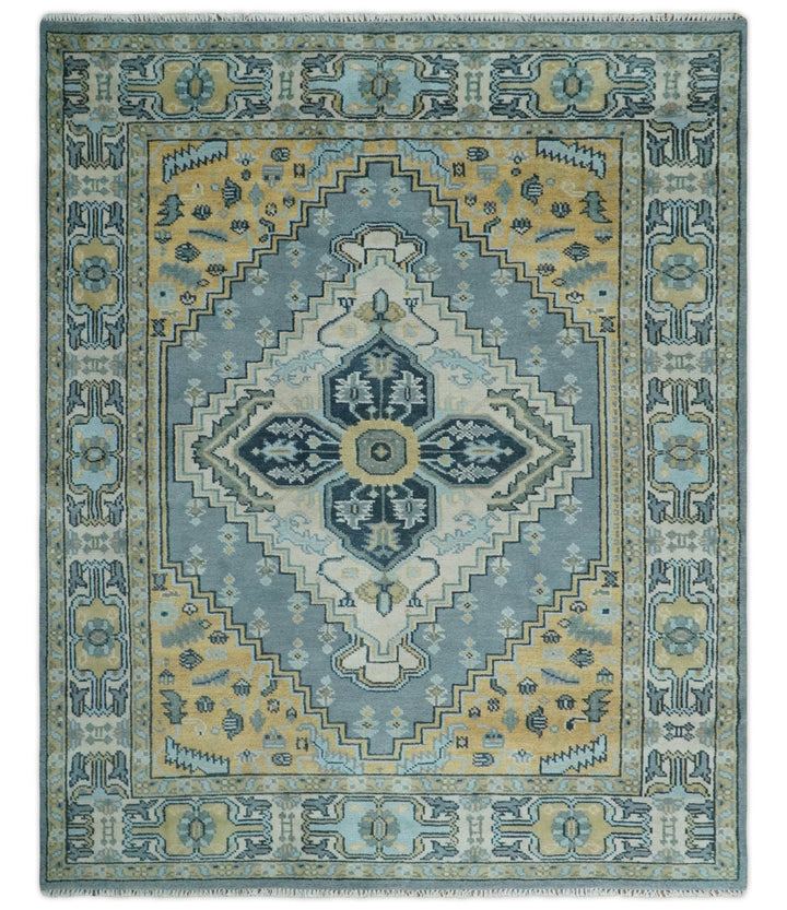 8x10 Ivory, Blue and Beige Heriz Serapi Traditional Persian Antique Hand Knotted Wool Area Rug | TRDCP1117810 - The Rug Decor