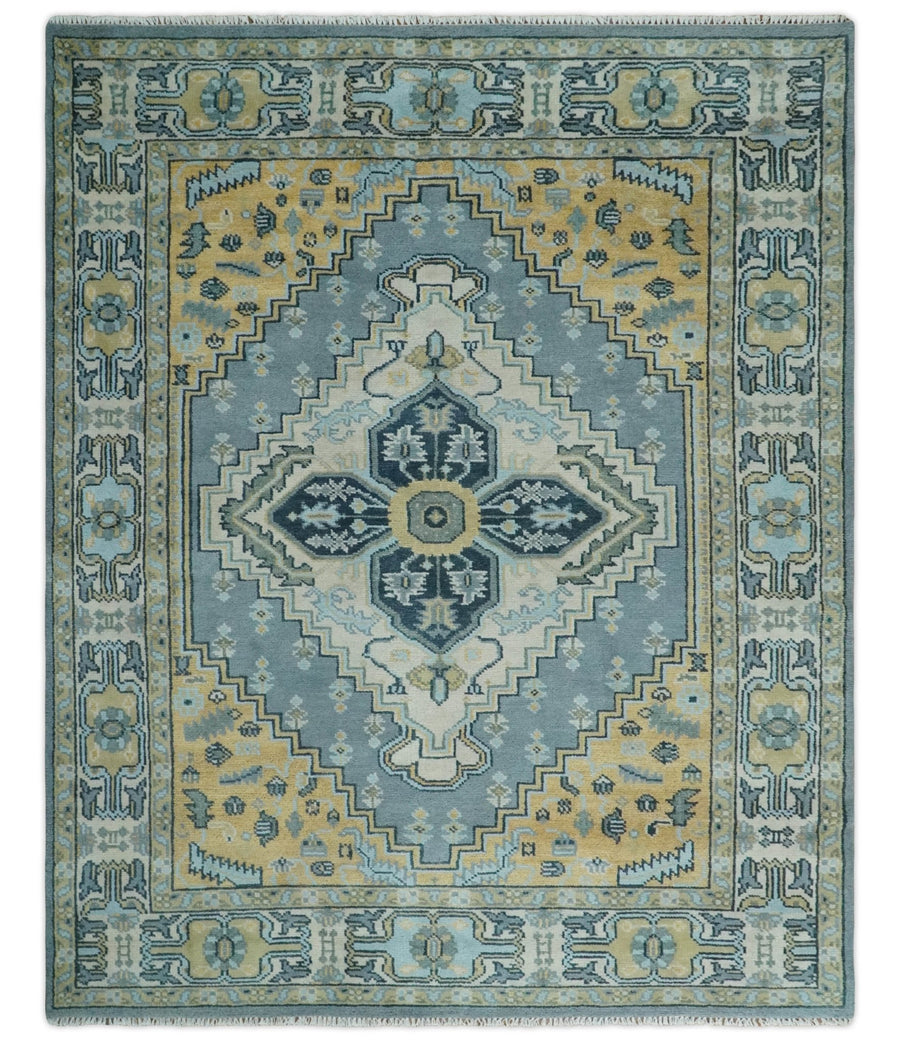 8x10 Ivory, Blue and Beige Heriz Serapi Traditional Persian Antique Hand Knotted Wool Area Rug | TRDCP1117810 - The Rug Decor