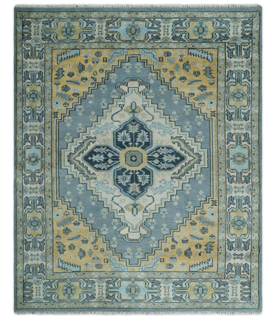 8x10 Ivory, Blue and Beige Heriz Serapi Traditional Persian Antique Hand Knotted Wool Area Rug | TRDCP1117810 - The Rug Decor