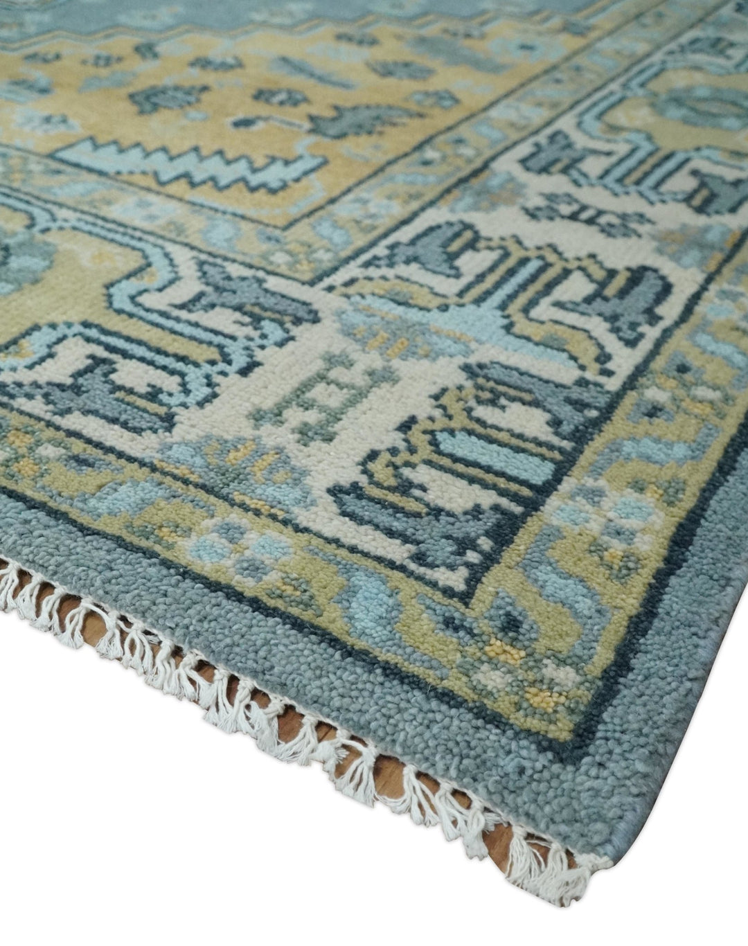 8x10 Ivory, Blue and Beige Heriz Serapi Traditional Persian Antique Hand Knotted Wool Area Rug | TRDCP1117810 - The Rug Decor