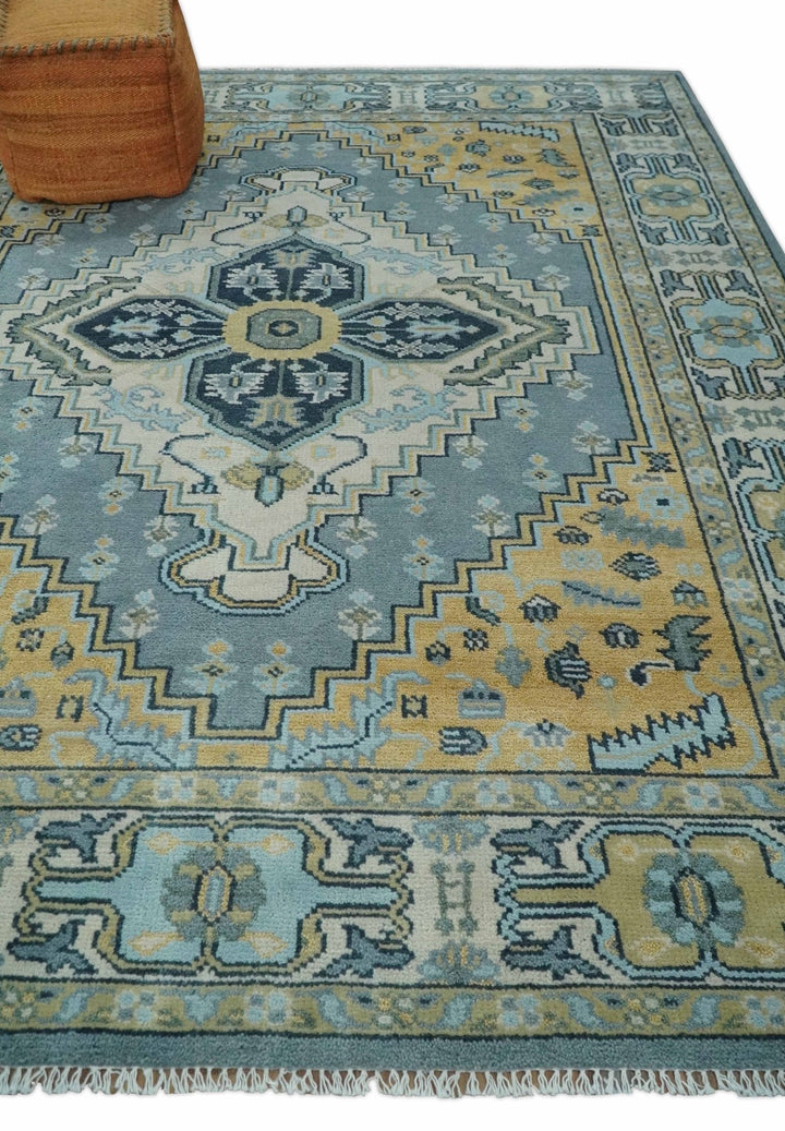 8x10 Ivory, Blue and Beige Heriz Serapi Traditional Persian Antique Hand Knotted Wool Area Rug | TRDCP1117810 - The Rug Decor