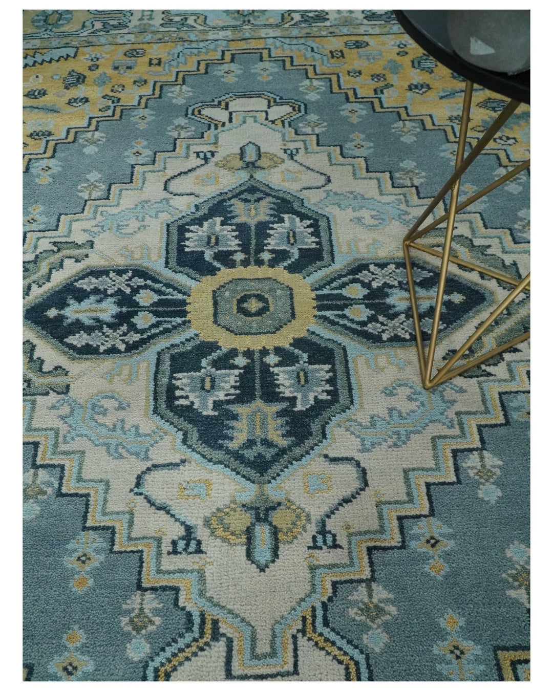 8x10 Ivory, Blue and Beige Heriz Serapi Traditional Persian Antique Hand Knotted Wool Area Rug | TRDCP1117810 - The Rug Decor