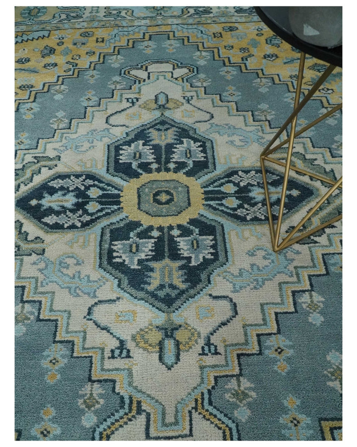 8x10 Ivory, Blue and Beige Heriz Serapi Traditional Persian Antique Hand Knotted Wool Area Rug | TRDCP1117810 - The Rug Decor