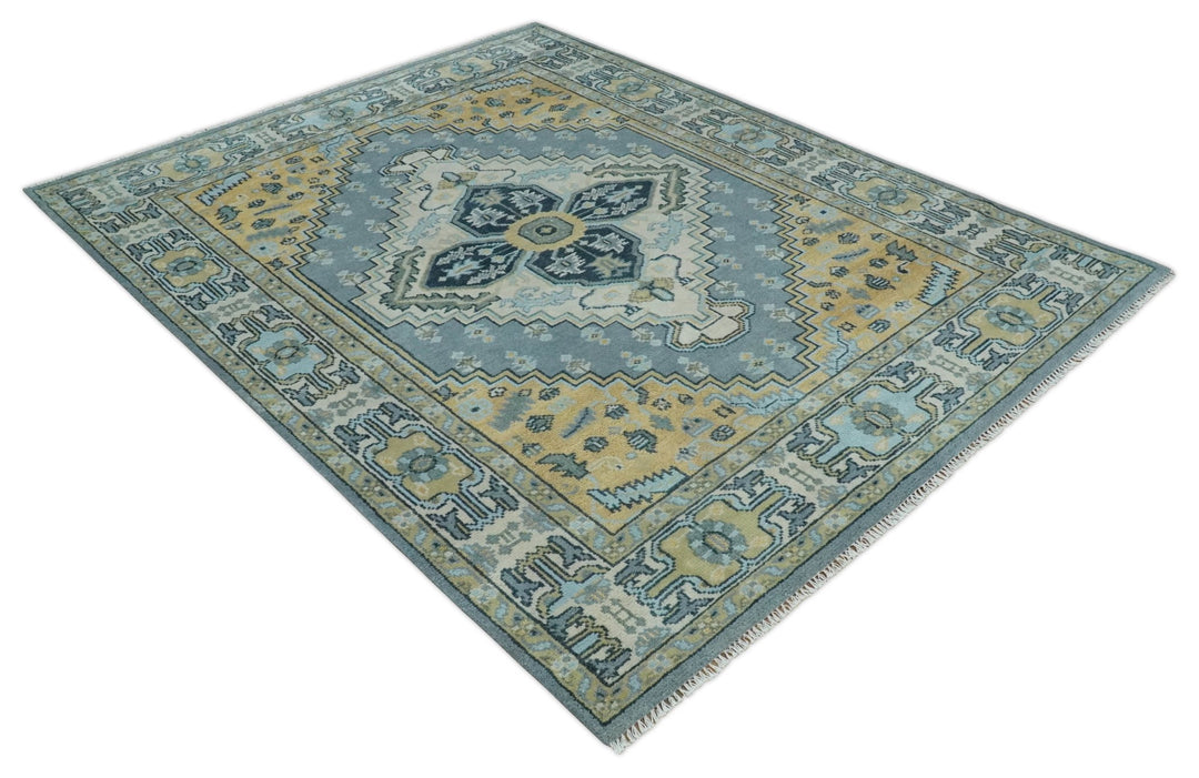 8x10 Ivory, Blue and Beige Heriz Serapi Traditional Persian Antique Hand Knotted Wool Area Rug | TRDCP1117810 - The Rug Decor