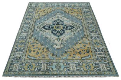 8x10 Ivory, Blue and Beige Heriz Serapi Traditional Persian Antique Hand Knotted Wool Area Rug | TRDCP1117810 - The Rug Decor