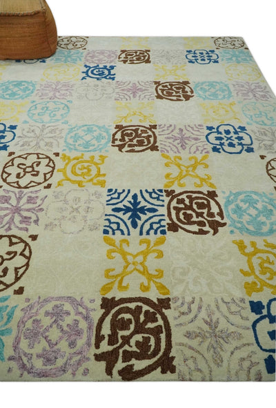 8x10 Ivory, Blue, Brown and Yellow Tribal Pattern Hand Tufted Wool Area Rug - The Rug Decor