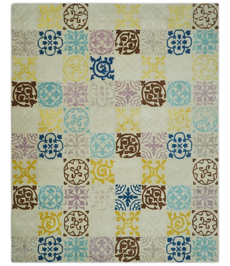 8x10 Ivory, Blue, Brown and Yellow Tribal Pattern Hand Tufted Wool Area Rug - The Rug Decor