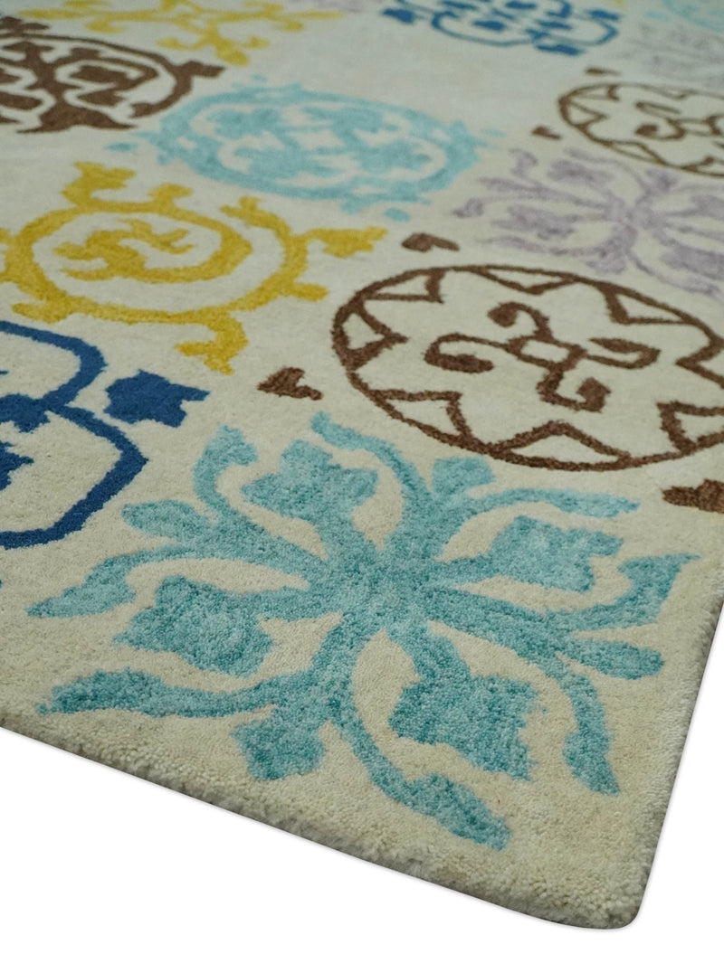 8x10 Ivory, Blue, Brown and Yellow Tribal Pattern Hand Tufted Wool Area Rug - The Rug Decor
