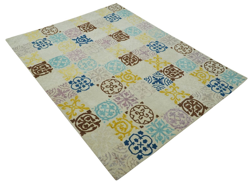 8x10 Ivory, Blue, Brown and Yellow Tribal Pattern Hand Tufted Wool Area Rug - The Rug Decor