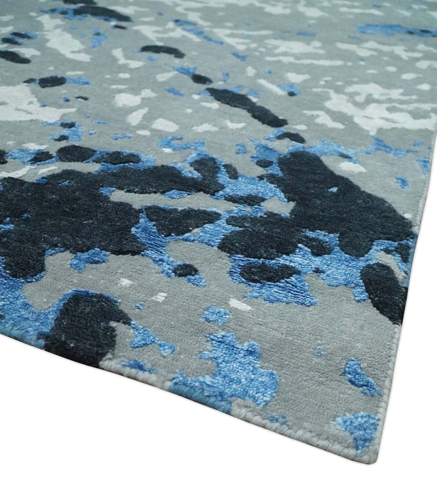8x10 Ivory, Charcoal, Blue and Black Modern Abstract Hand Knotted Wool and Bamboo Silk Area Rug - The Rug Decor