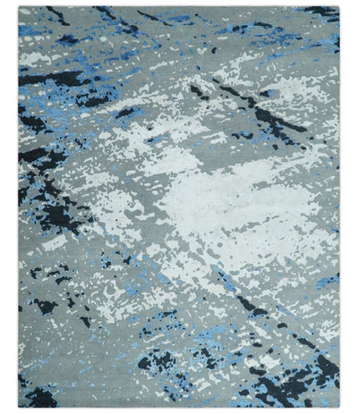 8x10 Ivory, Charcoal, Blue and Black Modern Abstract Hand Knotted Wool and Bamboo Silk Area Rug - The Rug Decor