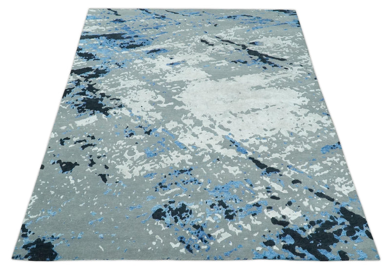 8x10 Ivory, Charcoal, Blue and Black Modern Abstract Hand Knotted Wool and Bamboo Silk Area Rug - The Rug Decor