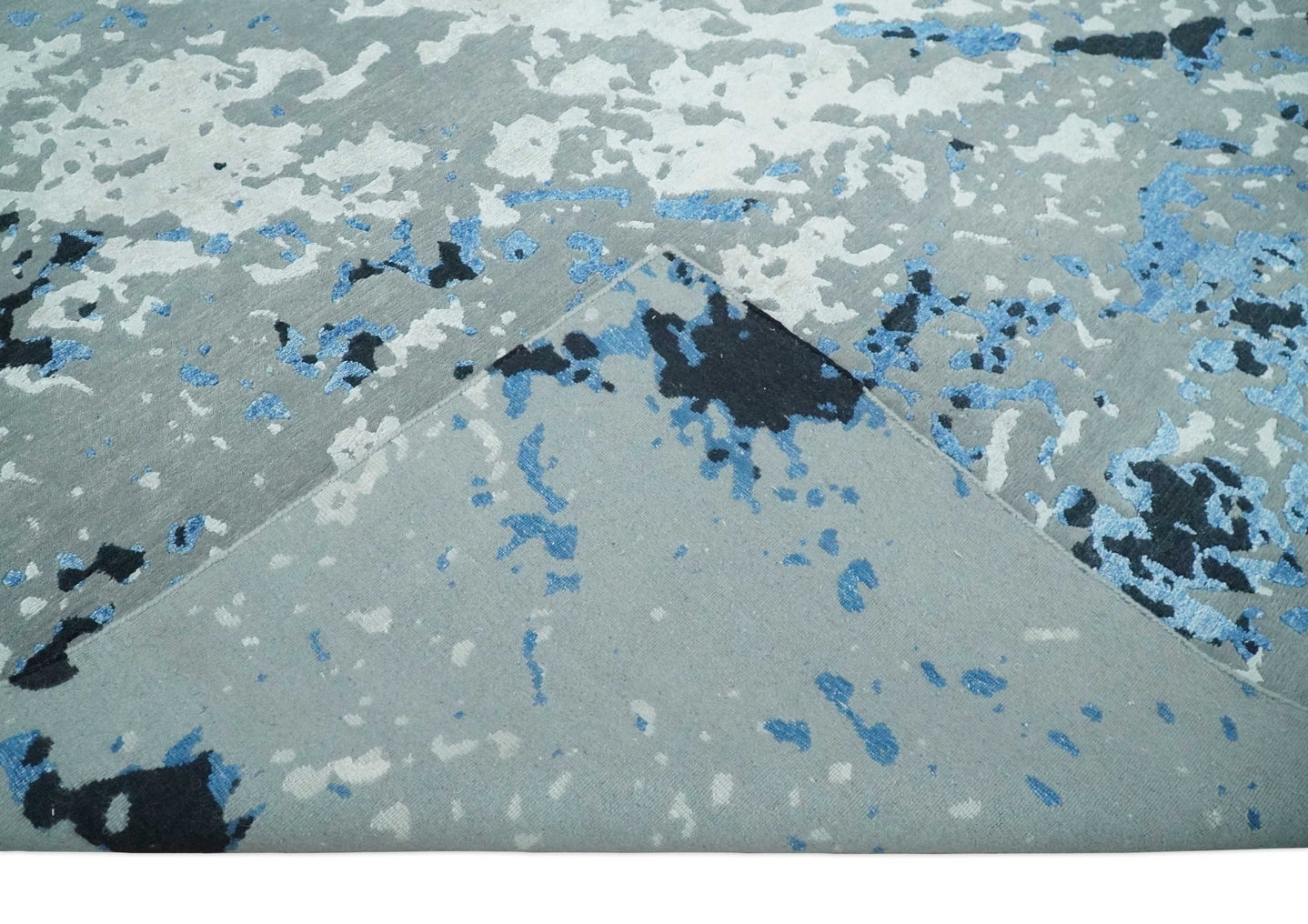 8x10 Ivory, Charcoal, Blue and Black Modern Abstract Hand Knotted Wool and Bamboo Silk Area Rug - The Rug Decor