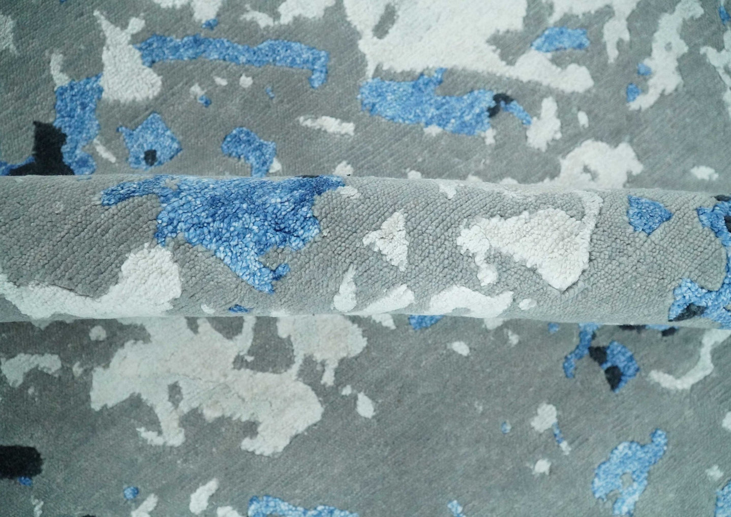 8x10 Ivory, Charcoal, Blue and Black Modern Abstract Hand Knotted Wool and Bamboo Silk Area Rug - The Rug Decor