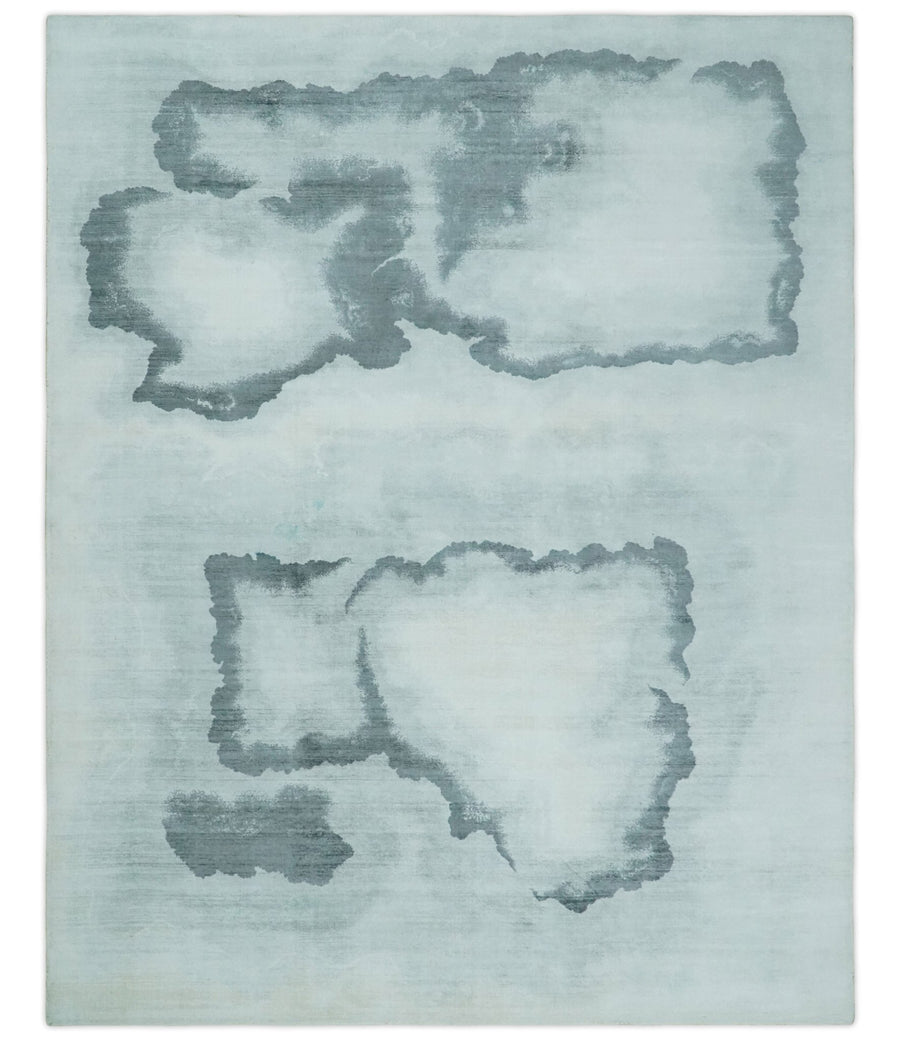 8x10 Ivory, Gray and Aqua Modern Abstract Handmade Art Silk Area Rug - The Rug Decor