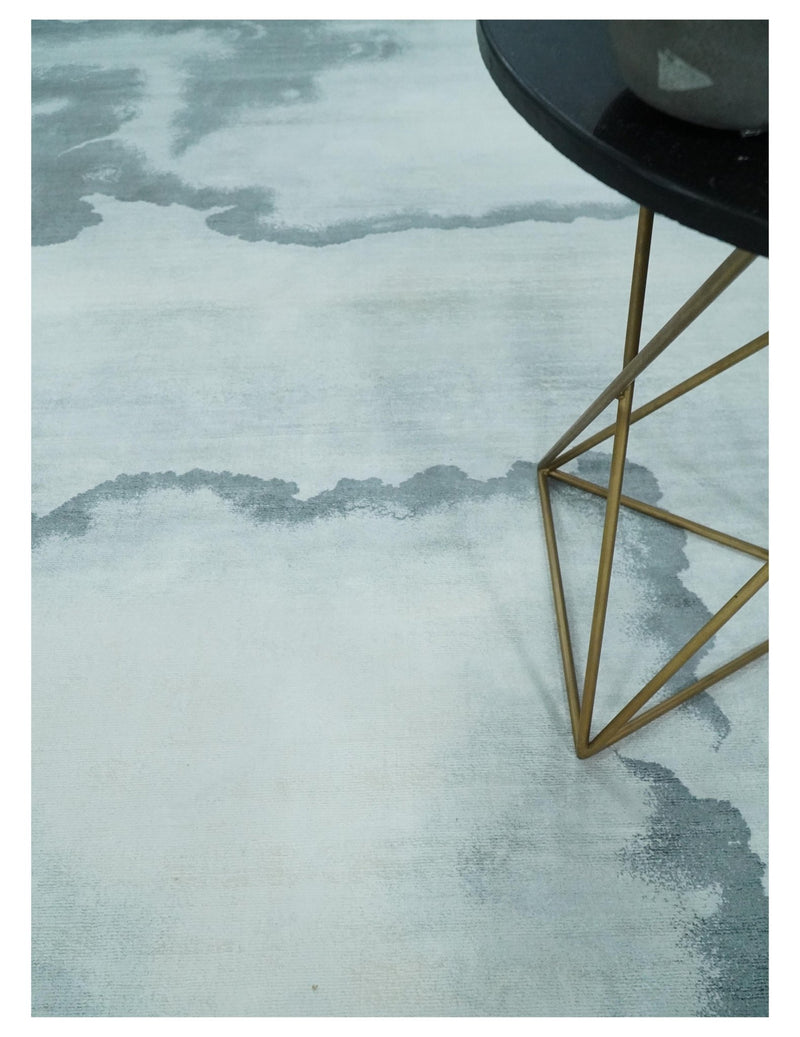 8x10 Ivory, Gray and Aqua Modern Abstract Handmade Art Silk Area Rug - The Rug Decor