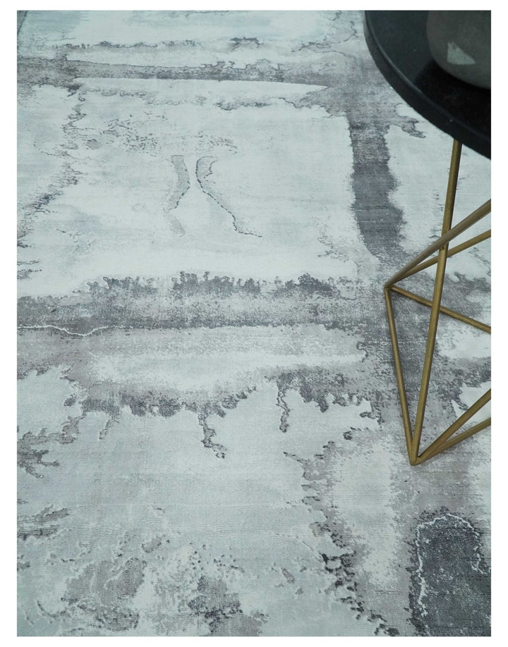 8x10 Ivory, Gray and Charcoal Modern Abstract Handmade Art Silk Area Rug | AE6810 - The Rug Decor