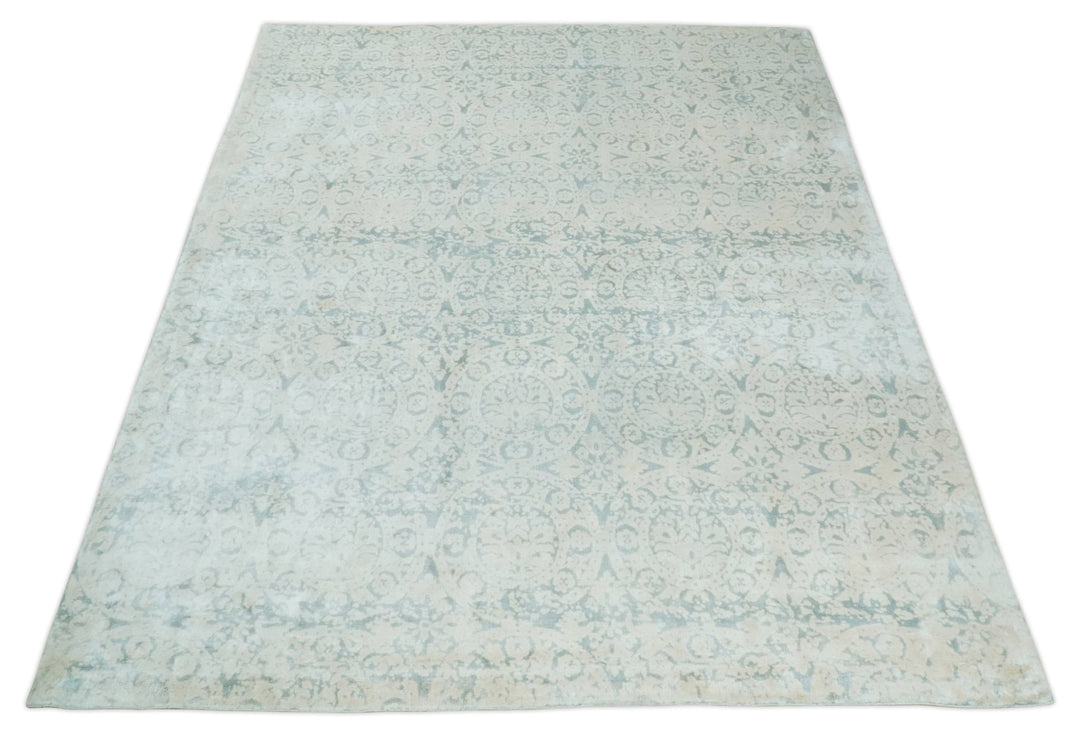 8x10 Ivory, Gray and Silver Modern Transitional Handmade Art Silk Area Rug - The Rug Decor