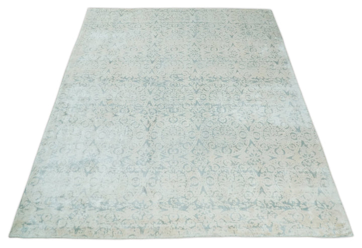 8x10 Ivory, Gray and Silver Modern Transitional Handmade Art Silk Area Rug - The Rug Decor