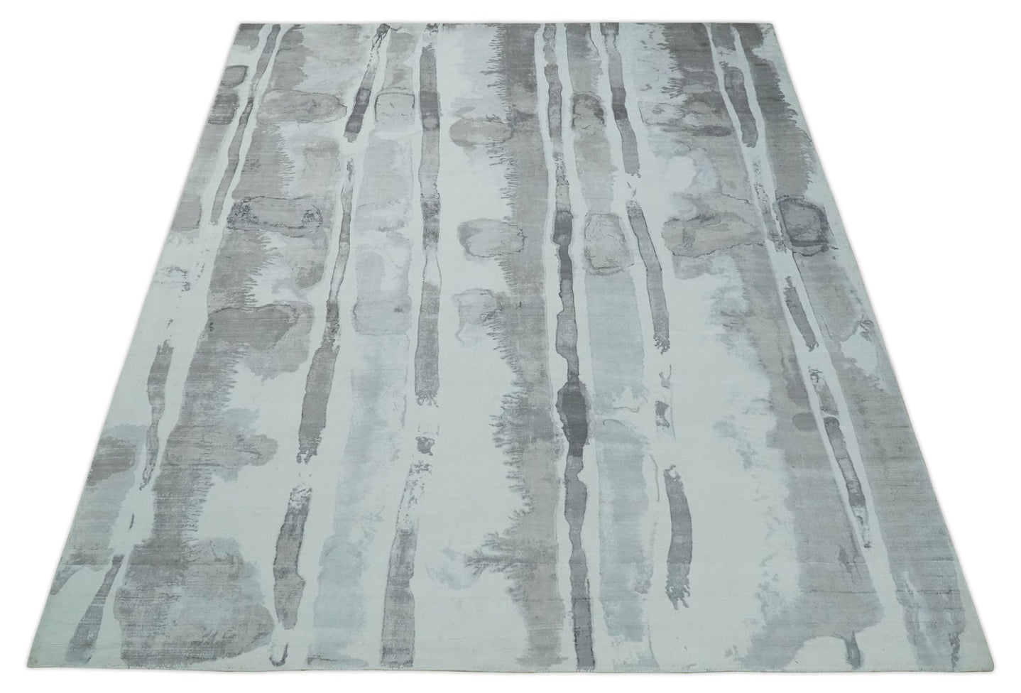8x10 Ivory, Silver and Gray Modern Abstract Handmade Art Silk Area Rug | AE11810 - The Rug Decor