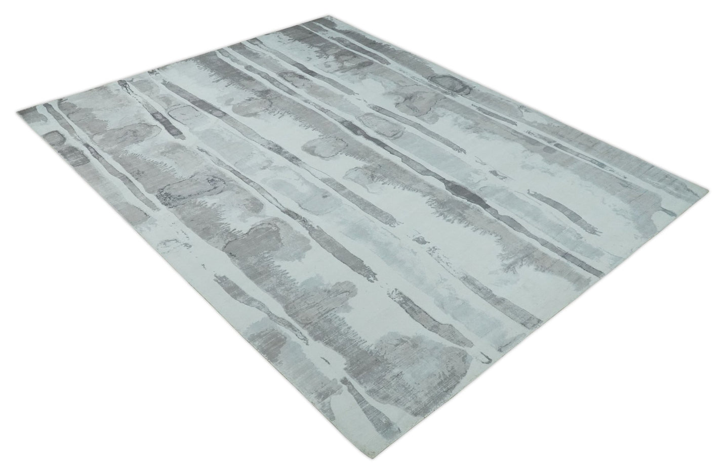 8x10 Ivory, Silver and Gray Modern Abstract Handmade Art Silk Area Rug | AE11810 - The Rug Decor