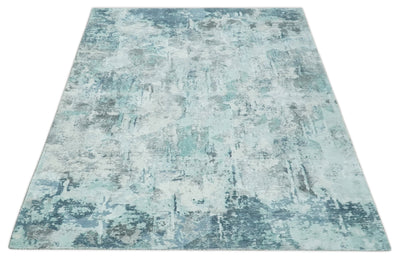 8x10 Ivory, Silver and Teal Modern Abstract Hand Loomed Blended wool and Art silk Area Rug - The Rug Decor