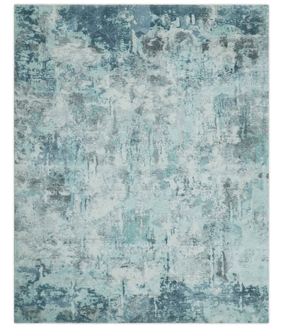 8x10 Ivory, Silver and Teal Modern Abstract Hand Loomed Blended wool and Art silk Area Rug - The Rug Decor