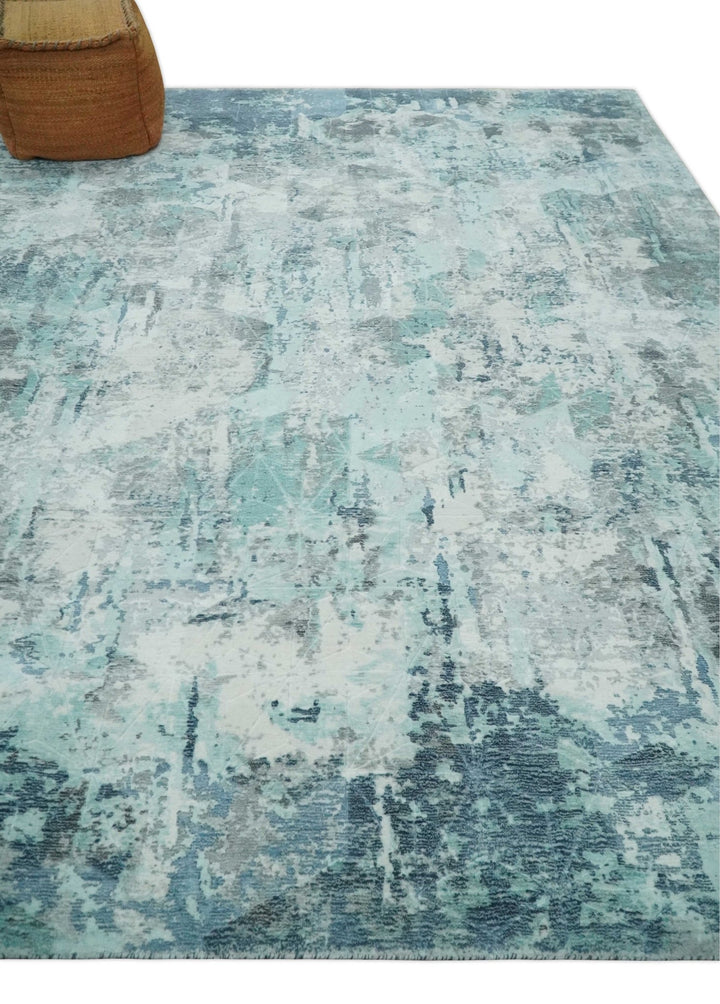 8x10 Ivory, Silver and Teal Modern Abstract Hand Loomed Blended wool and Art silk Area Rug - The Rug Decor