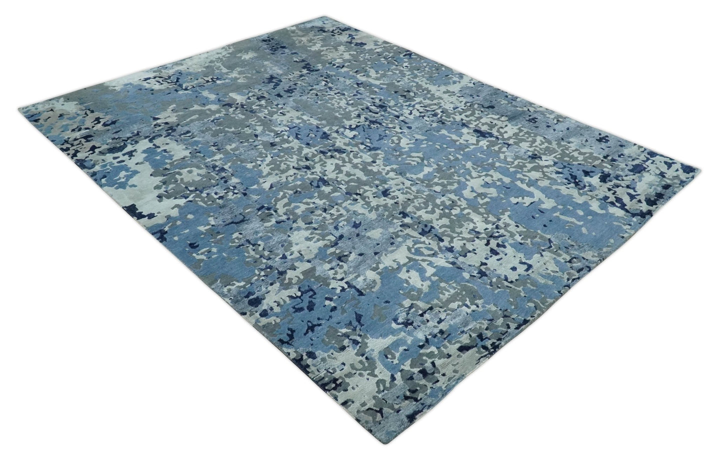 8x10 Ivory, Silver, Blue and Blue Modern Abstract Hand Knotted Wool and Bamboo Silk Area Rug | AE24810 - The Rug Decor