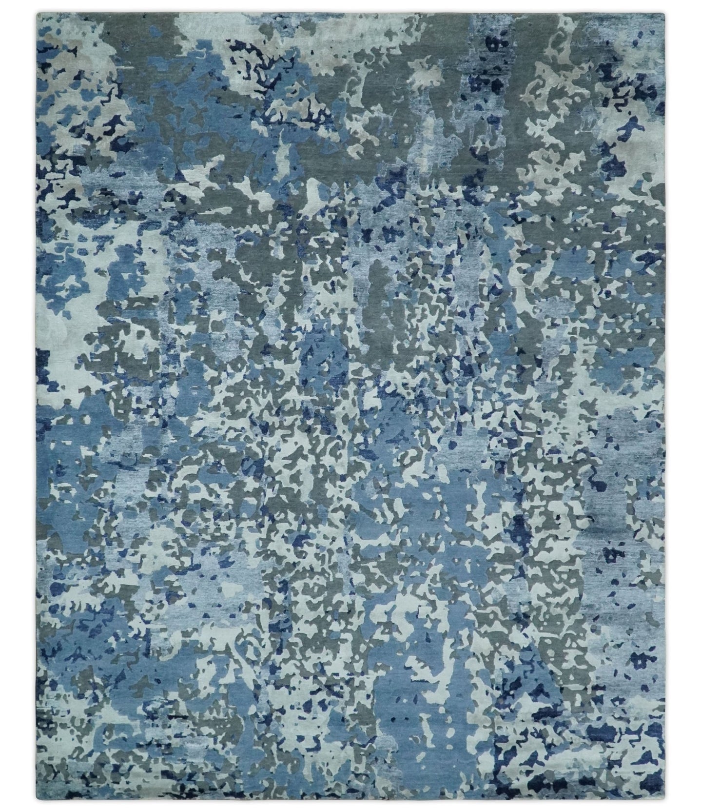 8x10 Ivory, Silver, Blue and Blue Modern Abstract Hand Knotted Wool and Bamboo Silk Area Rug | AE24810 - The Rug Decor