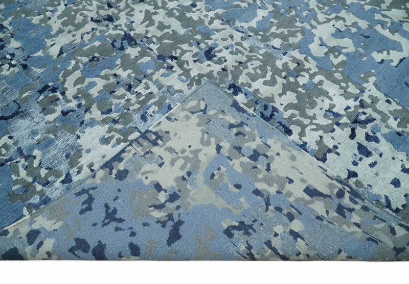 8x10 Ivory, Silver, Blue and Blue Modern Abstract Hand Knotted Wool and Bamboo Silk Area Rug | AE24810 - The Rug Decor