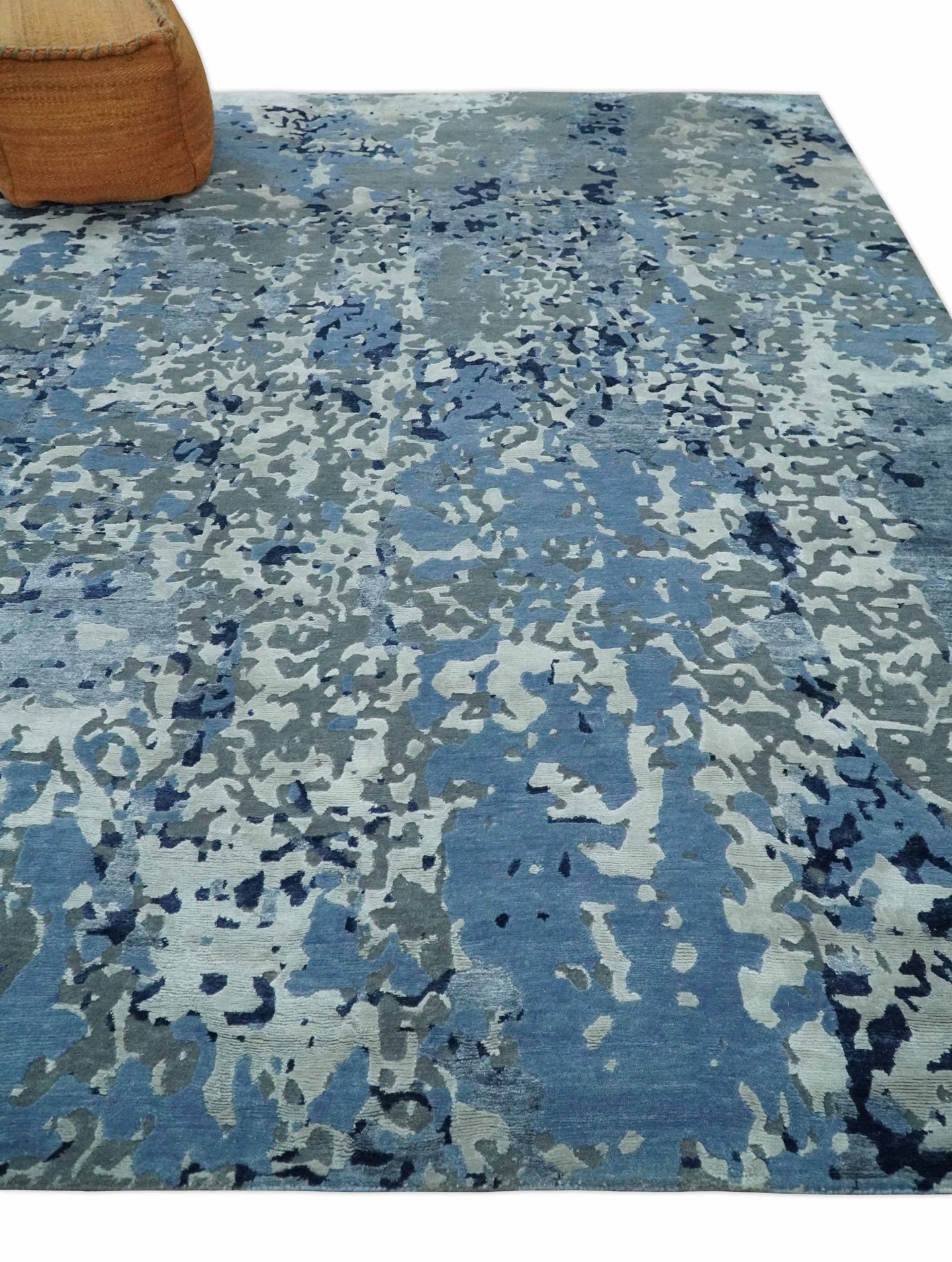 8x10 Ivory, Silver, Blue and Blue Modern Abstract Hand Knotted Wool and Bamboo Silk Area Rug | AE24810 - The Rug Decor