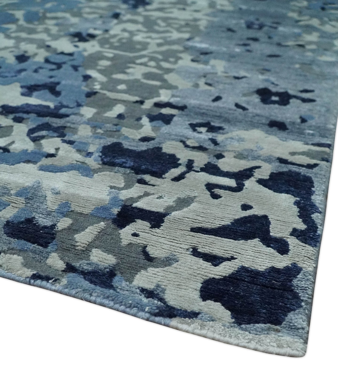 8x10 Ivory, Silver, Blue and Blue Modern Abstract Hand Knotted Wool and Bamboo Silk Area Rug | AE24810 - The Rug Decor
