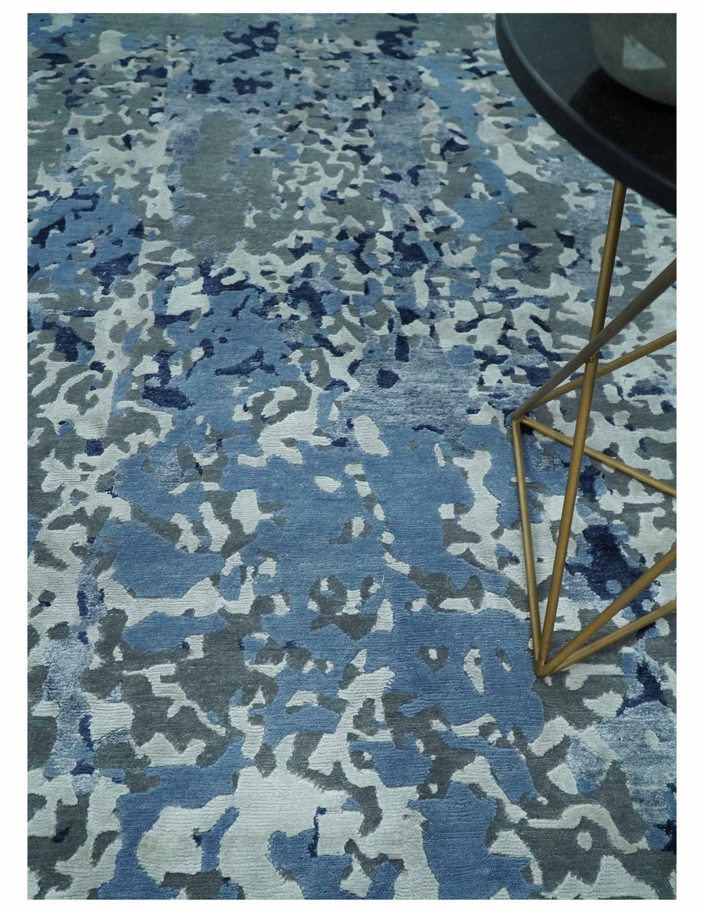 8x10 Ivory, Silver, Blue and Blue Modern Abstract Hand Knotted Wool and Bamboo Silk Area Rug | AE24810 - The Rug Decor