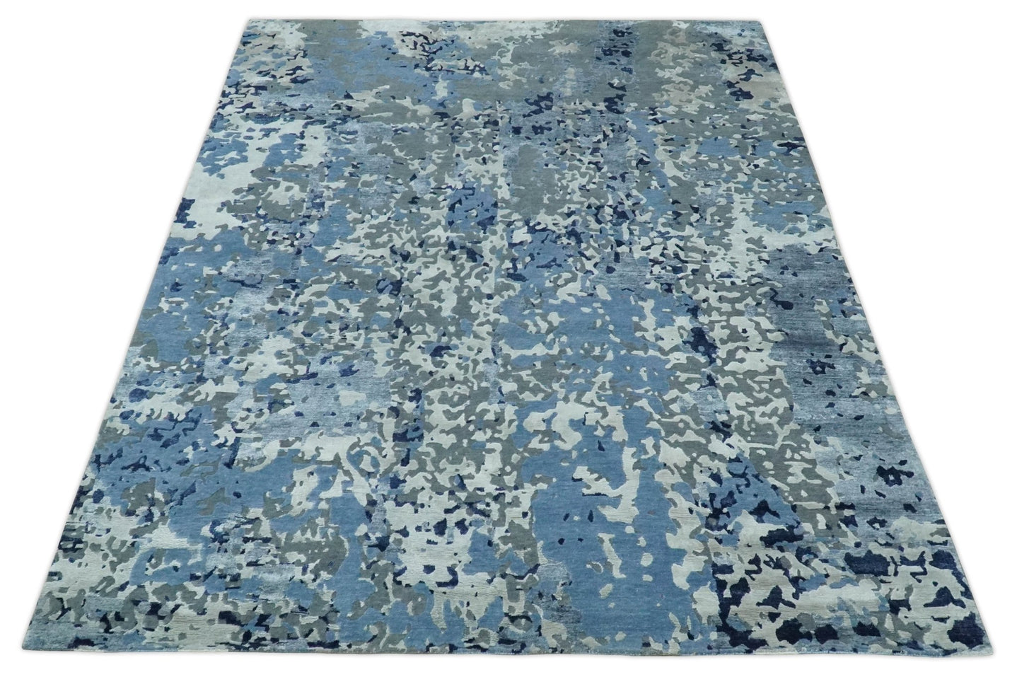 8x10 Ivory, Silver, Blue and Blue Modern Abstract Hand Knotted Wool and Bamboo Silk Area Rug | AE24810 - The Rug Decor