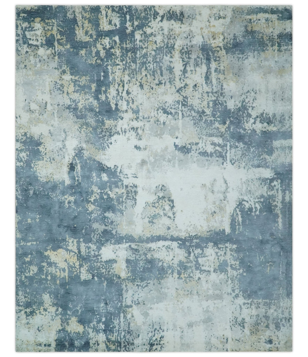 8x10 Ivory, Teal and Beige Modern Abstract Hand Loomed Blended wool and Art silk Area Rug - The Rug Decor