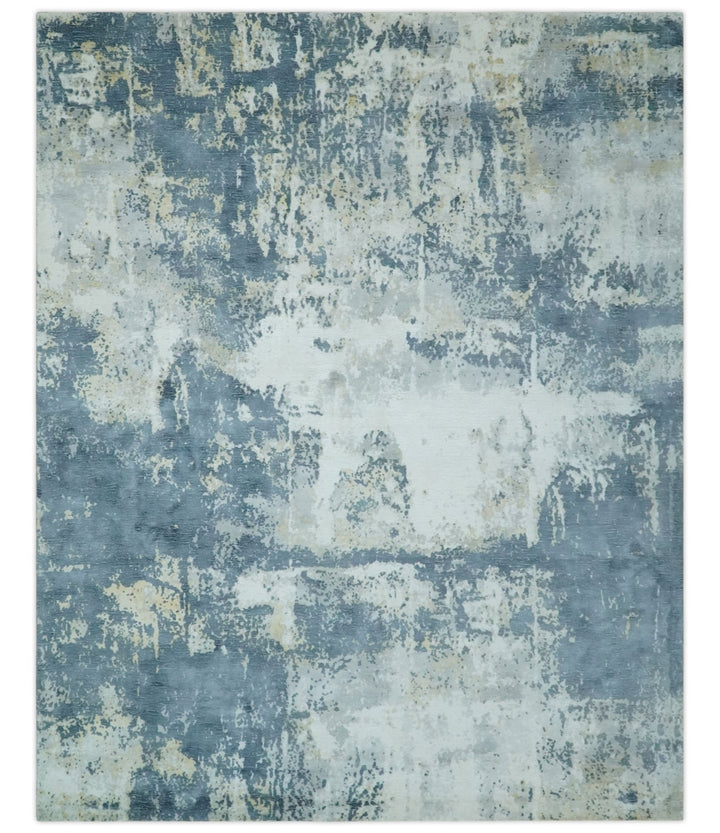 8x10 Ivory, Teal and Beige Modern Abstract Hand Loomed Blended wool and Art silk Area Rug - The Rug Decor