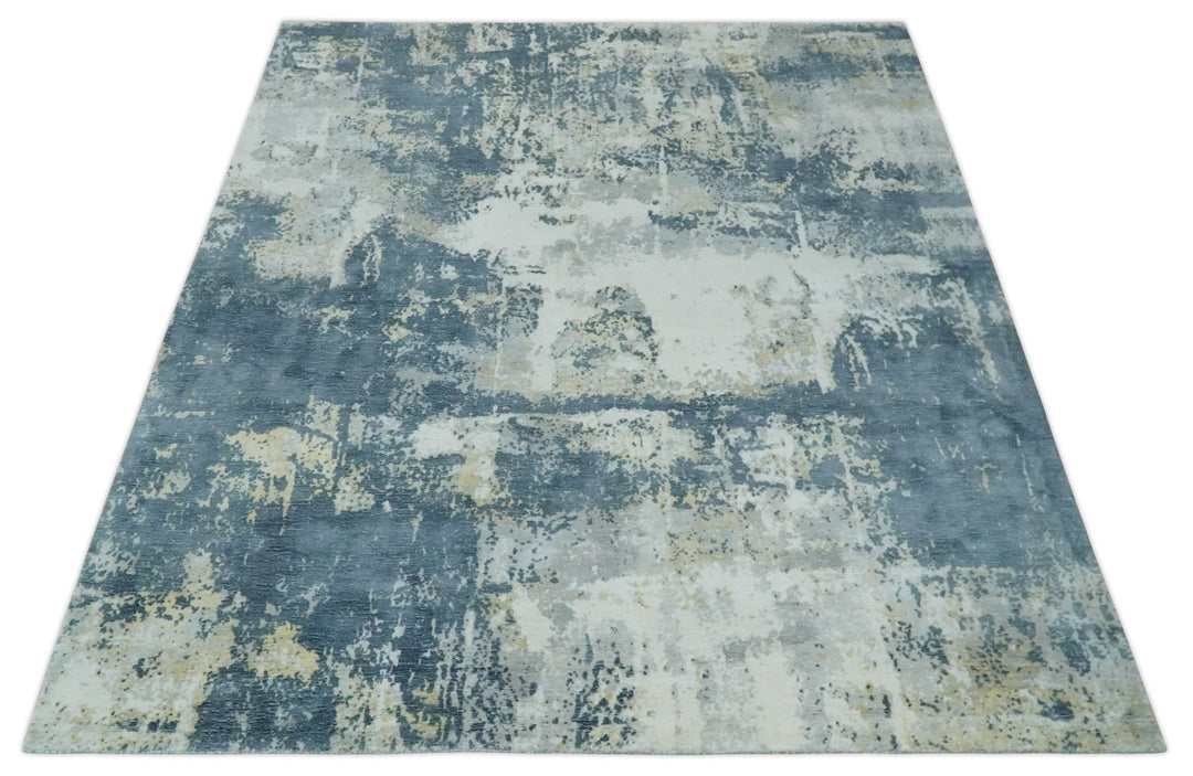 8x10 Ivory, Teal and Beige Modern Abstract Hand Loomed Blended wool and Art silk Area Rug - The Rug Decor