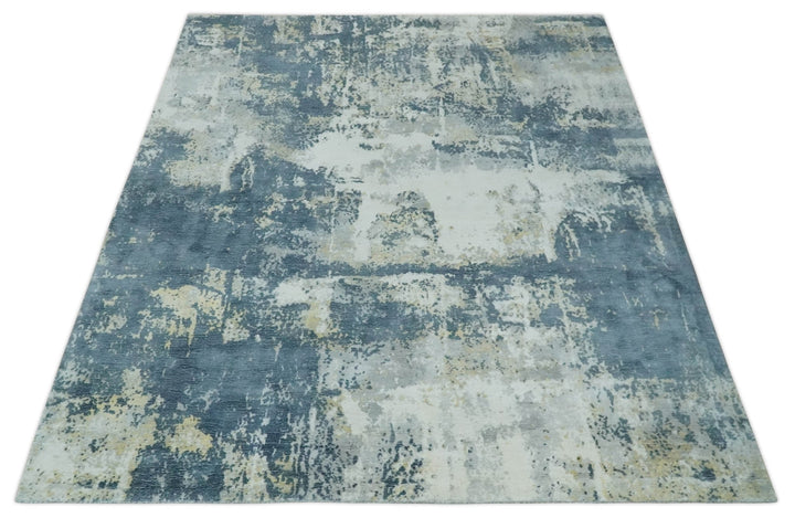 8x10 Ivory, Teal and Beige Modern Abstract Hand Loomed Blended wool and Art silk Area Rug - The Rug Decor