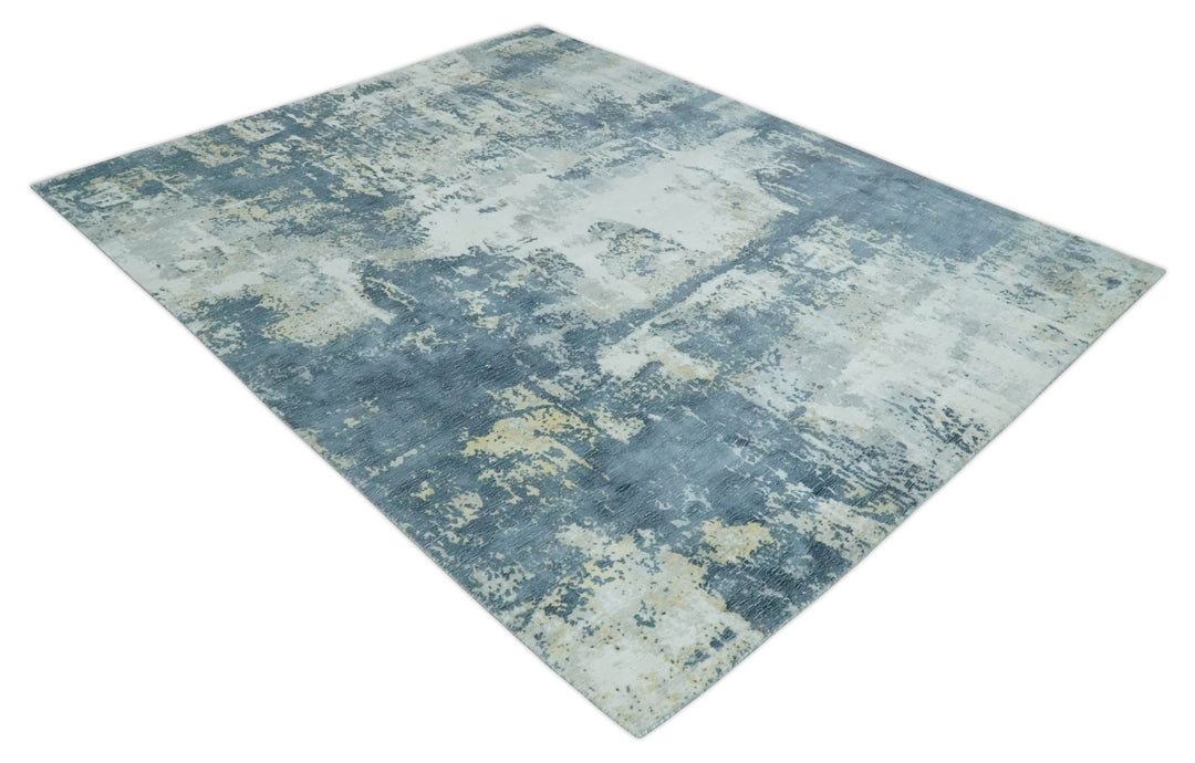 8x10 Ivory, Teal and Beige Modern Abstract Hand Loomed Blended wool and Art silk Area Rug - The Rug Decor