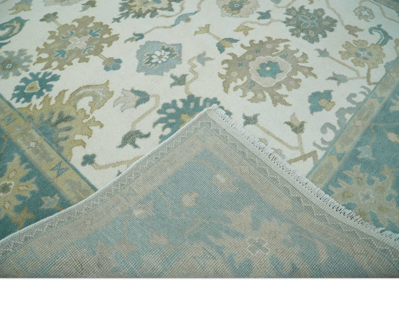 8x10 Ivory, Teal and Beige Oriental Oushak Hand Knotted Traditional Wool Area Rug - The Rug Decor