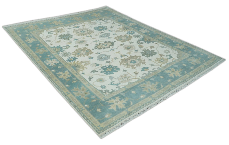 8x10 Ivory, Teal and Beige Oriental Oushak Hand Knotted Traditional Wool Area Rug - The Rug Decor