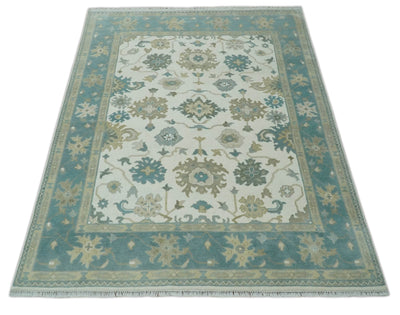 8x10 Ivory, Teal and Beige Oriental Oushak Hand Knotted Traditional Wool Area Rug - The Rug Decor