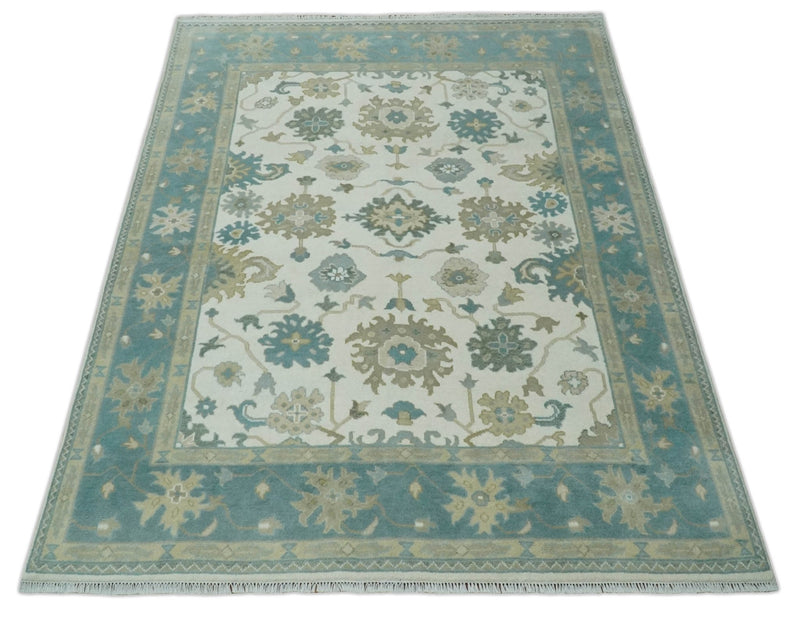 8x10 Ivory, Teal and Beige Oriental Oushak Hand Knotted Traditional Wool Area Rug - The Rug Decor