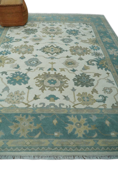 8x10 Ivory, Teal and Beige Oriental Oushak Hand Knotted Traditional Wool Area Rug - The Rug Decor