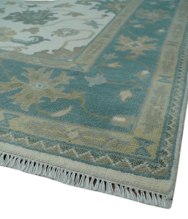 8x10 Ivory, Teal and Beige Oriental Oushak Hand Knotted Traditional Wool Area Rug - The Rug Decor